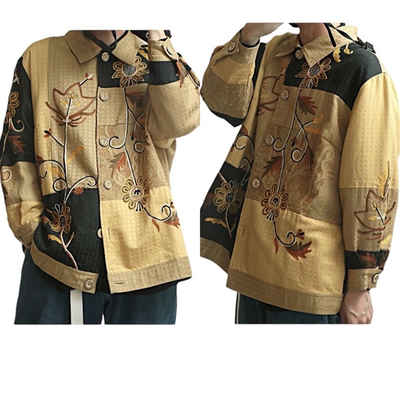 Vintage 90’s Jacket Lagenlook Black Tan Color Block Embroidered Patchwor… - Picture 16 of 16